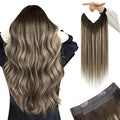 YoungSee 130G Wire Human Hair Extensions Brown Balayage Invisible Wire Hair Extensions Ombre Dark Brown with Ash Blonde Thick Human Hair Fish Line Extensions for Women 20Inch