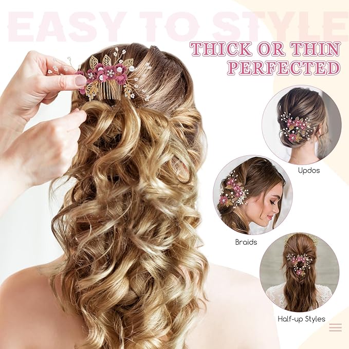 Wedding Flower Hair Accessories for Women: 4pcs Leaf and Flower Hair Combs for Women Accessories - Crystal Pearl Wedding Flower Clips Headpiece for Brides Bridesmaids Girls Updo (Rosy)
