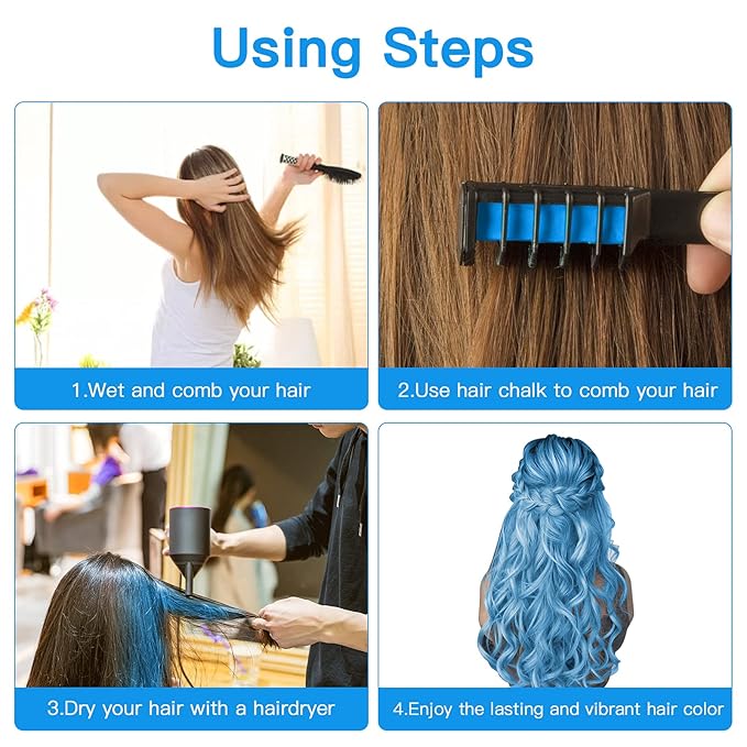 New Hair Chalk Comb Temporary Hair Color Dye for Girls Kids with Light Color Hair, Washable Hair Chalk for Girls Age 4 5 6 7 8 9 10 Birthday Cosplay DIY Christmas (Blue & Pink & Purple)