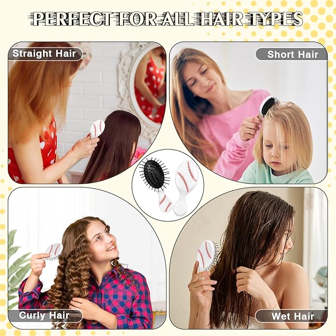 12 Pcs baseball Mini Detangler Brush, Mini Travel Hair Brush, Bristles Plastic Detangling Brush, No Tangle Soft Flexible Bristles for Straight, Curly, Thick Hair for baseballl Team Gift Sport Party