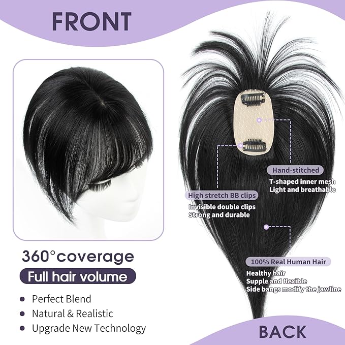 Jet Black Real Human Hair Topper with Bangs Covers Thinning Crown, Receding Hairline for Women 10inch Clip-In Hair Topper for Thinning Hair