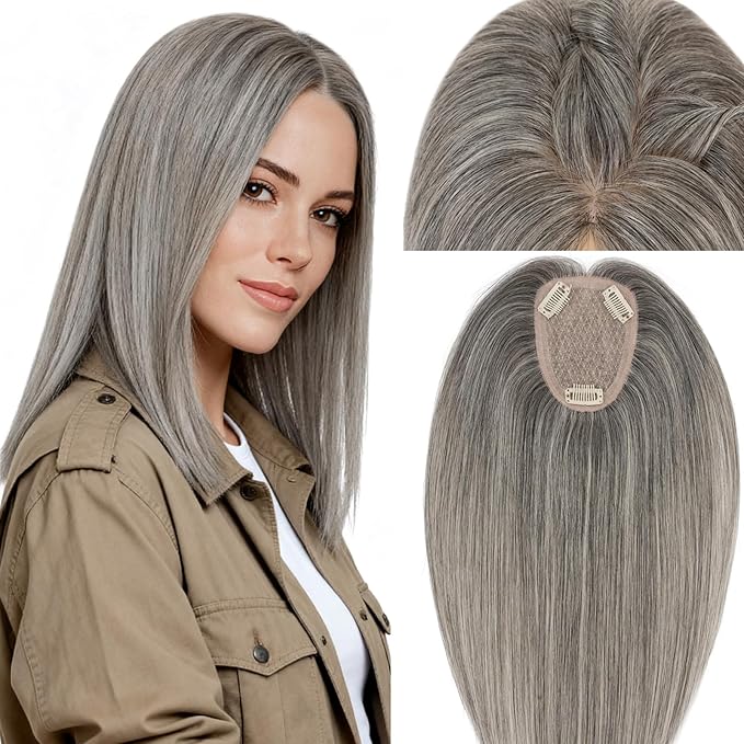 Rich Choices Human Hair Toppers for Women-100% Real Remy Hair Topper No Bang-Upgraded 150% Density 9 * 12CM Lace Base-Clip in Hairs Topper for Thinning Hairs-12Inch #G2 Grey