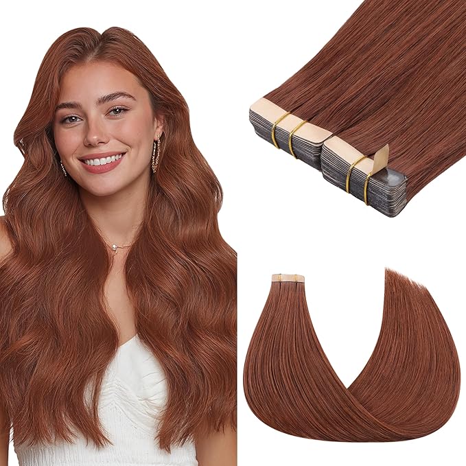 GOO GOO Tape in Hair Extensions Human Hair, #33B Dark Auburn Copper, 24inch 100g 40pcs, Skin Weft Seamless Invisible, Silky Straight with Thick Ends, Remy Human Hair