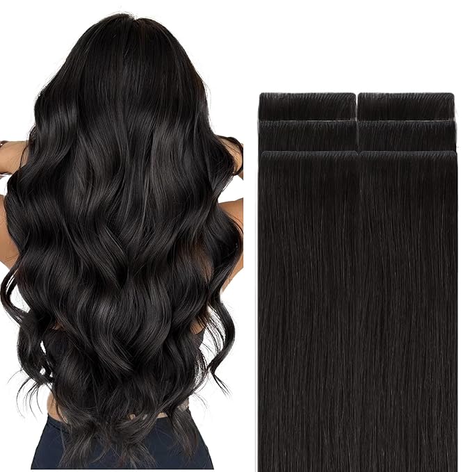GOO GOO Invisi Edge Tape in Hair Extensions Human Hair, 1B Natural black, 6pcs 20inch 18g, Virgin Remy Hair, Seamless Injected Tape, Natural Look
