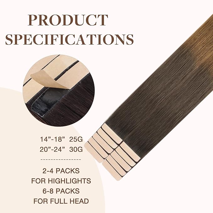 GOO GOO Tape in Hair Extensions Human Hair, 1D/2C/4E Chocolate Dip Color Melt, 18inch 25g 10pcs, Skin Weft Seamless Invisible, Silky Straight with Thick Ends, Remy Human Hair