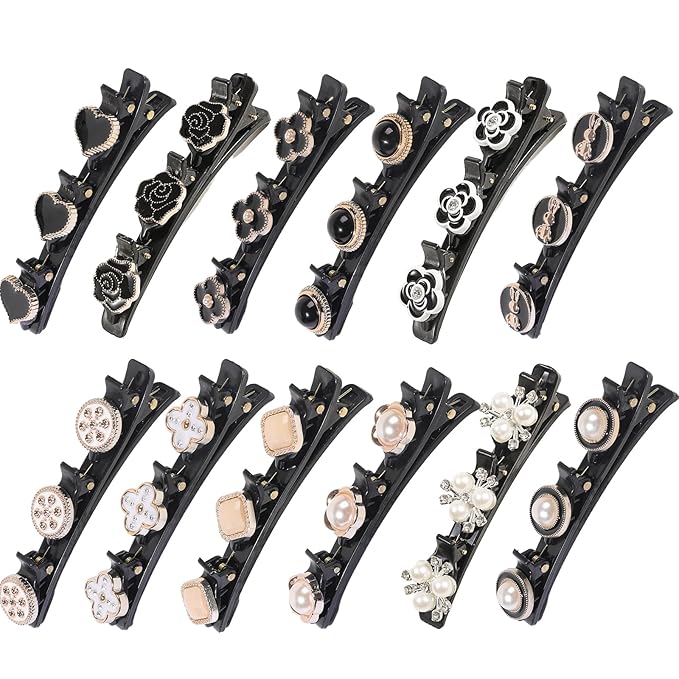 12PCS Sparkling Crystal Stone Braided Hair Clips, Braided Hair Clips for Women and Girls, Shiny Flower Rhinestone Hair Clip, Braided Duckbill Hair Clip With Crystal Hair Accessories for Styling