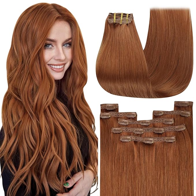 YoungSee Copper Hair Extensions Clip ins Light Copper Clip in Real Hair Extensions Colorful Clip ins Hair Extensions Human Hair Short Straight Hair 12Inch 80g 7Pcs