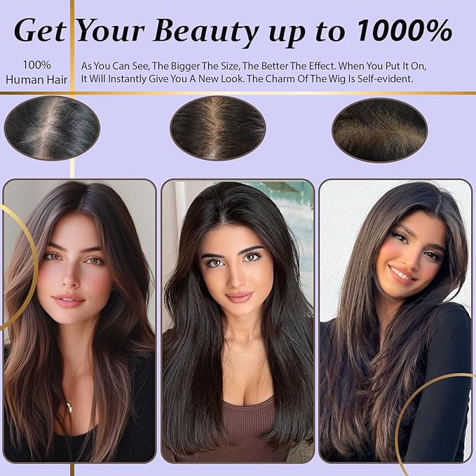 Hair Toppers for Women Real Human Hair, 360°3D Topper for Women with Thinning Crown Wispy Clip in Bangs Breathable Hand Tied Craft Big Coverage Hairpieces(Black（Big Coverage）, 14 Inch-3D-Wispy)