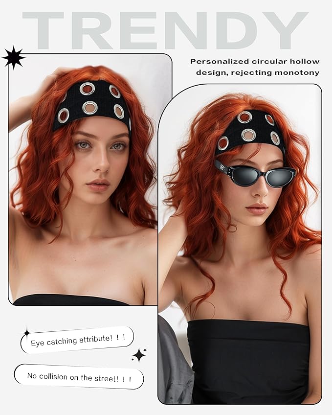 Grommet Headband for Women, Wide Black 20cm Hollow Out Elastic Hair Band, Eyelets Punk Grunge Stylish Hairband