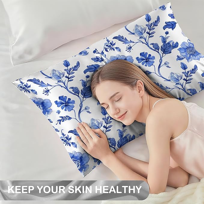 Satin Pillowcase 1 Pack-Vintage Blue Floral Silky Pillow Cover for Hair and Skin,Standard Size 20x26 Inch Soft Cooling Printed Pillow Cases with Hidden Zipper,Gifts for Women Men