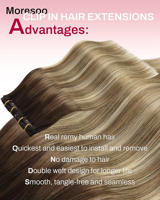 Moresoo Clip in Hair Extensions Balayage Remy Human Hair Extensions Clip in Dark Brown Ombre Medium Brown mix Golden Blonde 5 Pieces 80G 12Inch
