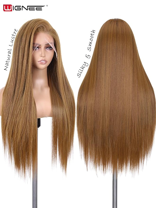 WIGNEE 13x6 Synthetic Lace Front Wig 28" Mixed Brown Wig Pre-Plucked Handmade Lace Front Wigs with Kanekalon Futura Hair Voluminous Long Straight Synthetic Wigs for Daily Party Use