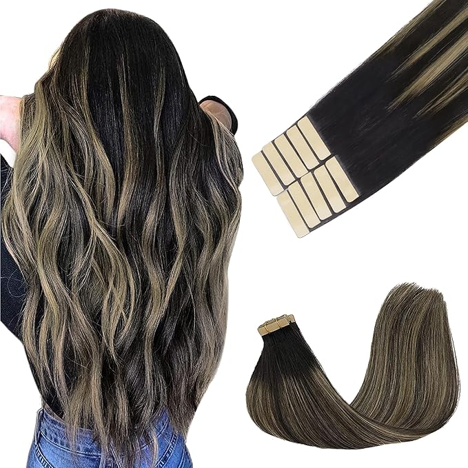 GOO GOO Tape in Hair Extensions Human Hair, 1B/19/1B Natural Black to Light Blonde, 18inch 25g 10pcs, Skin Weft Seamless Invisible, Silky Straight with Thick Ends, Remy Human Hair