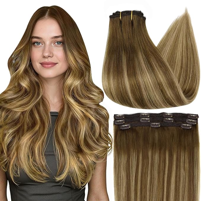 Full Shine Human Hair Clip in Extensions Brown Lace Clip in Human Hair Ombre Brown Fading to Blonde Highlight Straight Hair for Women 16 Inch 3 PCS 60 Grams