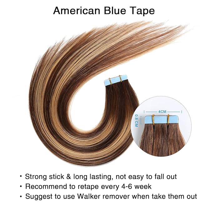 SUYYA Tape in Hair Extensions Human Hair Ombre Chocolate Brown to Caramel Blonde Remy Hair 16 inches 20pcs 40g/pack Straight Seamless Skin Weft Tape in Human Hair Balayage(16 inch #P4/27/T4)