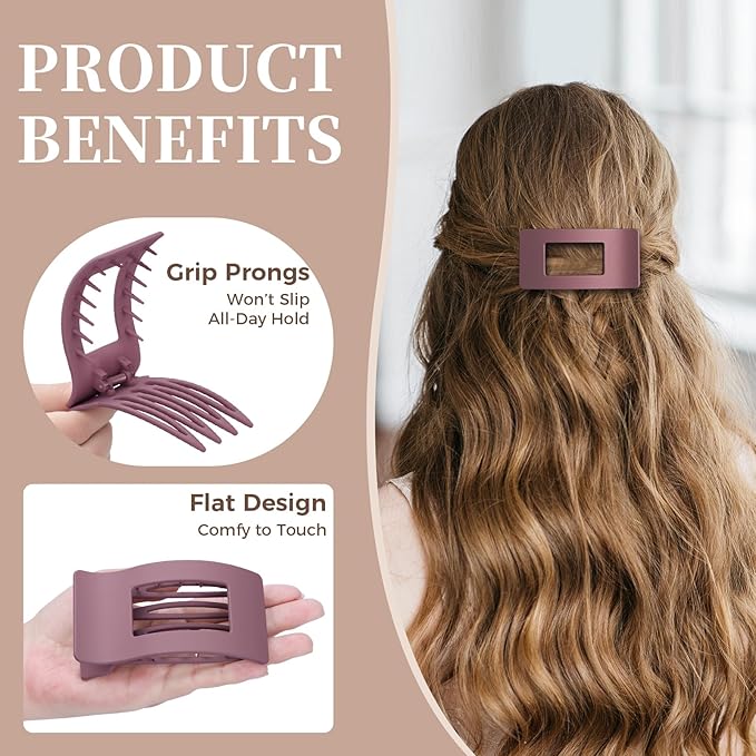 6 Pack Flat Hair Clips for Women Girls, French Flat Claw Clips for Think Hair Thin Hair with Strong Hold, Non-Slip, Matte Classic Barrettes for All Hair Styling