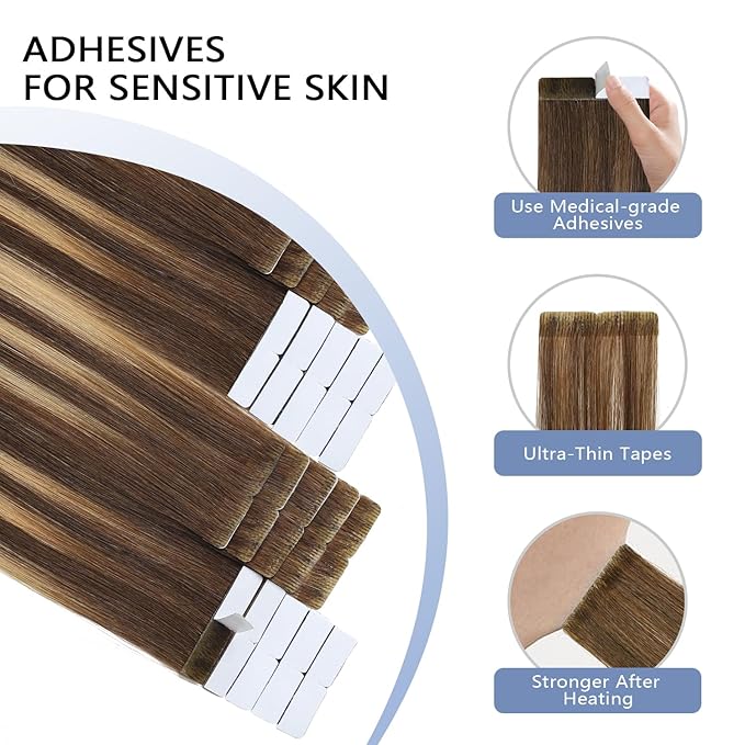 COOKAYU Invisible Tape in Extensions Human Hair, Medium Brown to Caramel Blonde 18Inch 40g 20pcs Injected Tape in Human Hair Straight Invisi Edge Extension