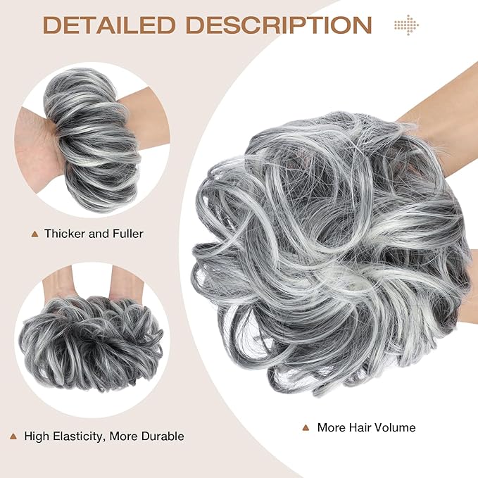 Messy Bun Hair Piece Wavy Curly Scrunchies Fluffy Donut Thick Updo Elegant Chignon Hairpieces for Women Girls, Sliver Gray to Platinum Blonde 1.4oz