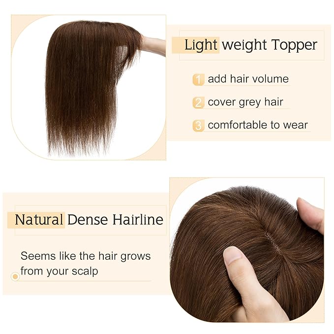 SEGO Hair Toppers for Women Real Human Hair With Bangs, 7 * 13CM Silk Base 100% Remy Human Hair Clip in Top Wiglet Hairpieces Add Volume -18 Inch Medium Brown