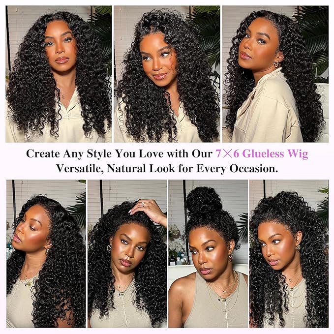 7x6 Burmese Curly Glueless Wigs Human Hair Pre Plucked Pre Cut 250% Density Drawstring Wig for Black Women 7x6 HD Lace Front Wigs Human Hair Glueless Wear and Go Nautural Color 26 Inch