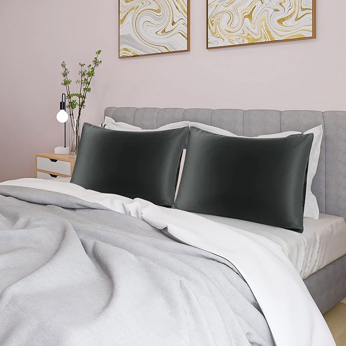 uxcell 2 Pack Silk Satin Pillowcase for Hair and Skin, Cool, Silky, Soft Breathable Pillow Cases Queen Size 20x30 Inch Sateen Pillowcase Black with Envelope Closure