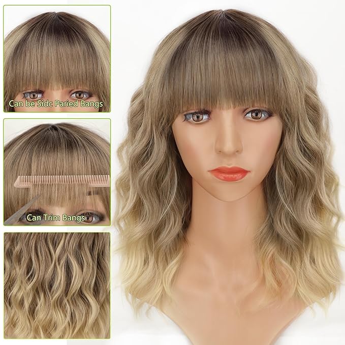 AISI HAIR Curly Bob Wig with Bangs Ombre Blonde Color Short Wavy Wigs for Women Bob Style Synthetic Heat Resistant Bob Wigs