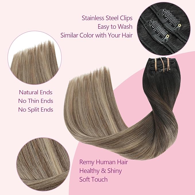 PINKPEARL Clip in Hair Extensions Real Human Hair #1B/4/27 Balayage Natural Black to Chocolate Brown and Caramel Blonde Clip in Hair 7pcs 120g 22inch Human Hair Extensios Clip ins(#1B/4/27-22)