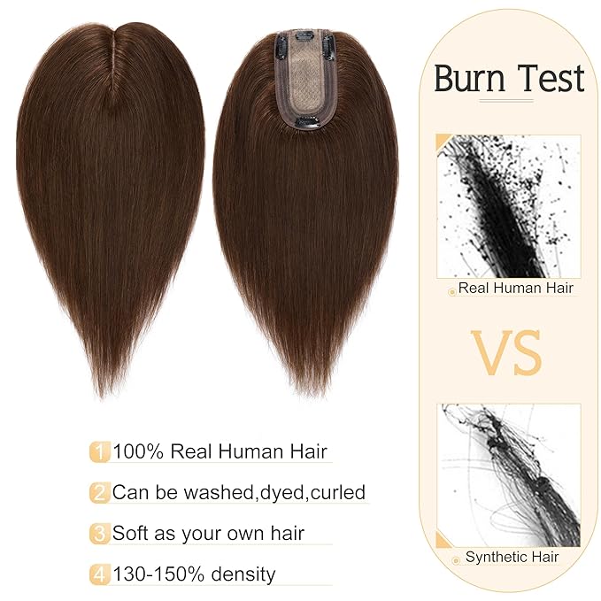 SEGO Human Hair Toppers for Women With Thinning Hair, 7 * 13CM Silk Base 100% Real Human Hair Clip in Top Wiglet Hairpieces -6 Inch No Bangs Medium Brown