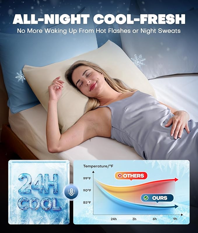 Ultra-Chill Cooling Pillowcase Set of 2 for Hot Sleepers, Softer Than Silk Pillow Cases for Protecting Hair & Skin, Breathable Bed Pillow Covers w/Zipper, Gifts for Women & Men(Beige, Standard)