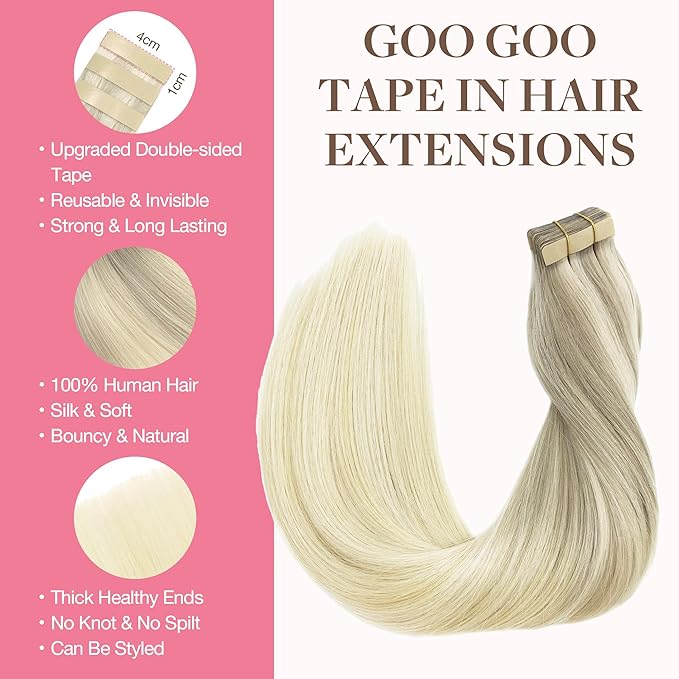 GOO GOO Tape in Hair Extensions Human Hair, 17/22/60 Ash Blonde to Golden Blonde and Platinum Blonde, 16inch 100g 40pcs, Skin Weft Seamless Invisible, Silky Straight with Thick Ends, Remy Human Hair