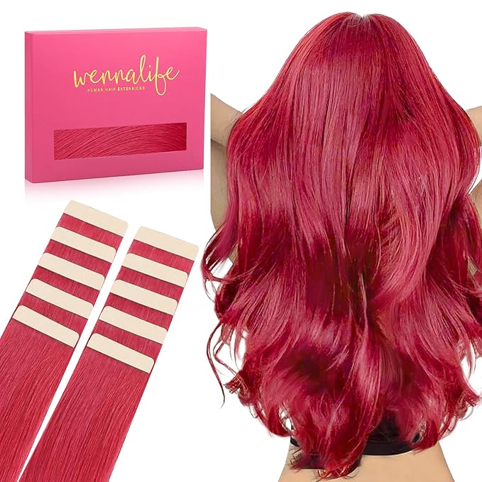 WENNALIFE Tape in Hair Extensions Human Hair Red Tape in Extensions, 10pcs 30g 24 inch Remy Invisible Tape Ins Straight Colored Soft Real Human Hair Tape in Extensions Refill Set Extensions