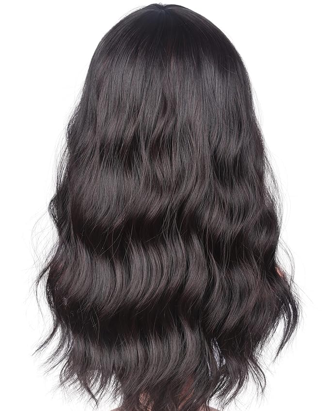 16 Inches Black Mix Brown Fashion Wavy Synthetic Hair Wigs For Black Women With Side Bangs Free Wig Cap (BLACK MIX BROWN(1B/33#))