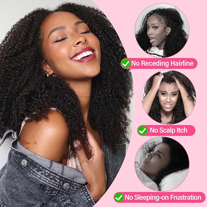 WOWANGEL Kinky Curly Half Wig Human Hair 180% Density Flexi-Fit Invisi 3 in 1 Wigs Flip Drawstring Wig Glueless Wear and Go Headband Wig 100% Human Hair for Women, Natural Black, 26 Inch