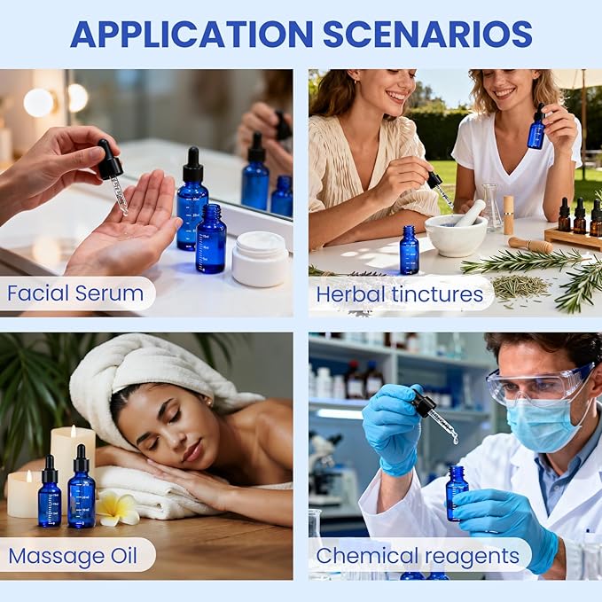 50 Pcs 1/2oz Blue Glass Dropper Bottles with Measurement, 30ml Leakproof Tincture Bottles with Funnels, Eye Droppers, Extra Caps & Labels, Refillable Empty Bottles for Tinctures, Essential Oils