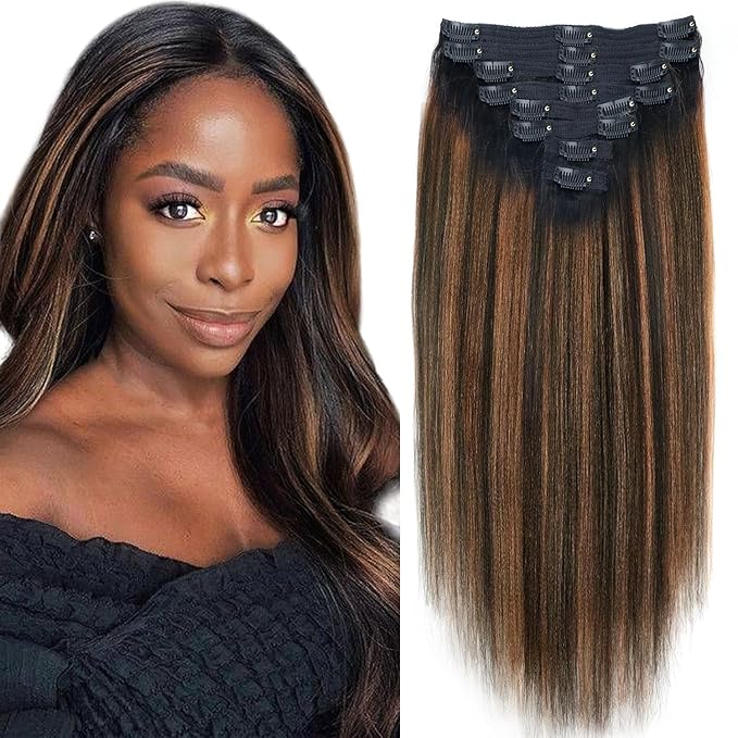 Omber T1BP1B/30 Yaki Straight Clip in Hair Extensions Real Human Hair Colorful Yaki Straight Clip ins 16 Inch Clip on Hair for Full Head, Wear and Go Yaki Clip ins