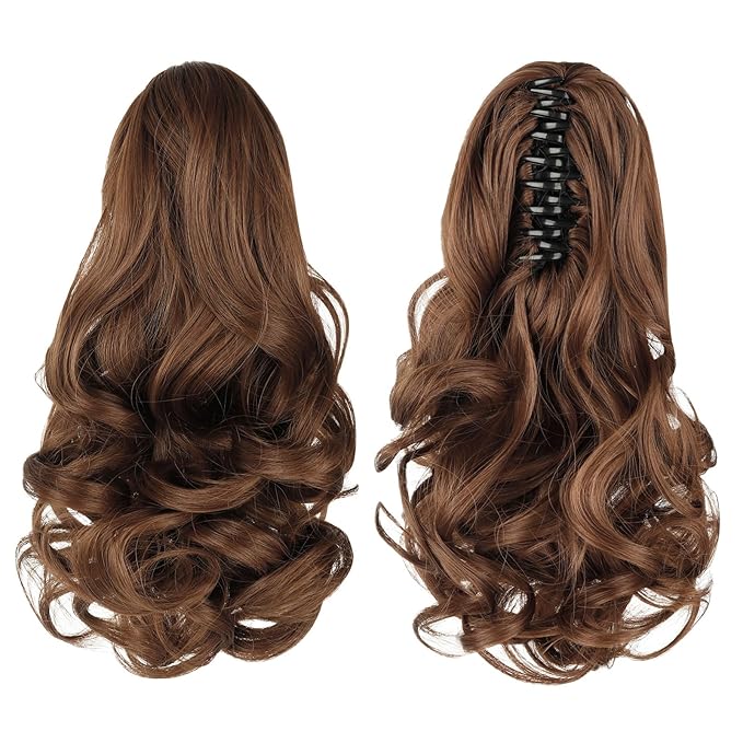 Ponytail Extension, Clip on Ponytails for Women, 12" Claw Clip in Short Curly Wavy Pony Hair Extension for Women - Light Golden Brown