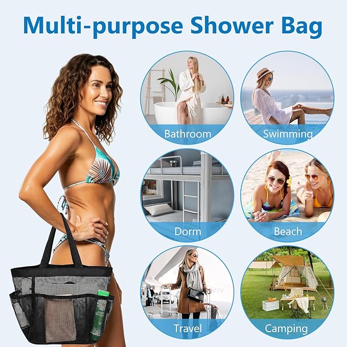 Mesh Shower Caddy – Portable Bathroom Organizer with 8 Pockets, Quick-Dry Hanging Shower Tote for College Dorm, Gym, Travel, and Shared Bathrooms – Black