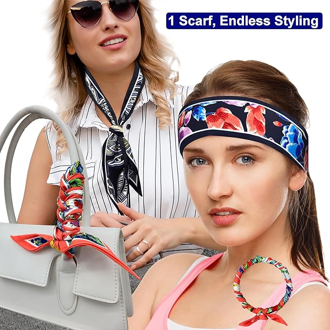 Skinny Scarf 3 Pack for Women – Bag Scarf, Silk Hair Scarves (Original Prints, Premium Twill, 3 Designs)