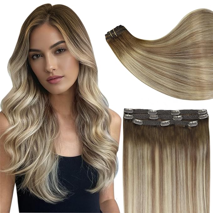 Full Shine Clip in Hair Extensions Human Hair Ombre Hair Extensions Clip Ins Medium Brown Ombre to Light Brown and Blonde Real Hair Extensions Clip Ins 12 Inch for Short Hair 3 PCS 60 G