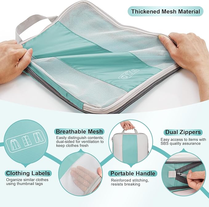 10 Set Compression Packing Cubes for Travel Essentials,Compressible Expandable Packing Cubes for Suitcase,OlarHike Luggage Organizer Bags for Travel,Handy Helper for Organizing Clothes(Cyan)