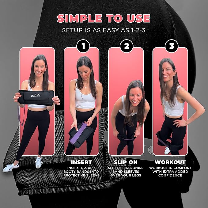 BADONKA Band Protective Sleeves for Booty Bands - Includes 3 Optional Fabric or Latex Resistance Loops - 3 Resistance Levels - Glute & Leg Workout Bands for Women & Men