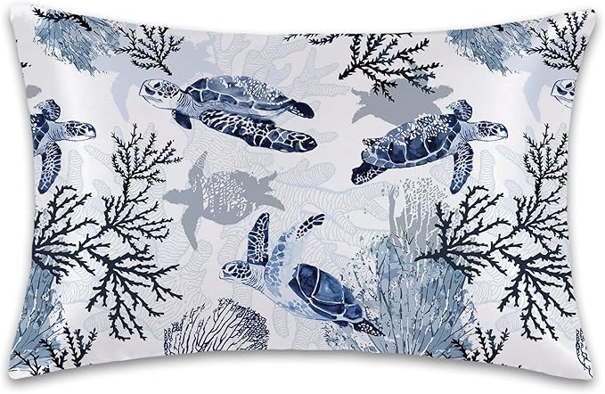 Satin Pillowcase 1 Pack-Nautical Turtle and Corals Silky Pillow Cover for Hair and Skin,Standard Size 20x26 Inch Soft Cooling Printed Pillow Cases with Hidden Zipper,Gifts for Women Men