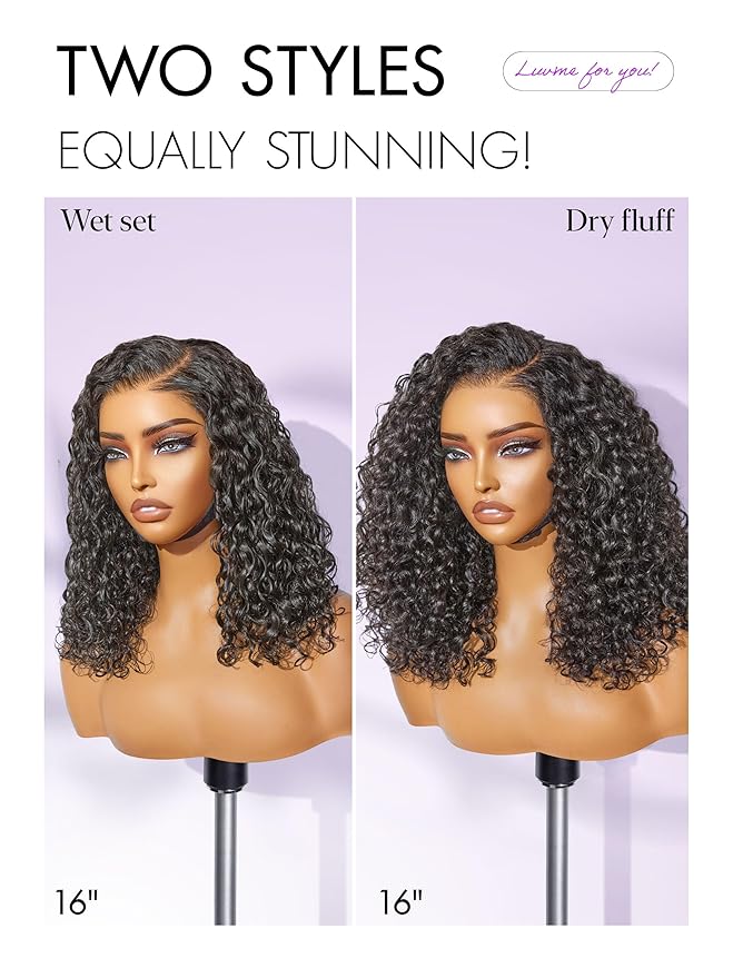 LUVME HAIR Curly Deep Wave Glueless Lace 100% Human Hair Short Wigs 16 Inches Pre Cut Plucked Hd Lace Wig Ready To Go Natural Color Bleached Knots Side Part Black Wigs 16 Inches