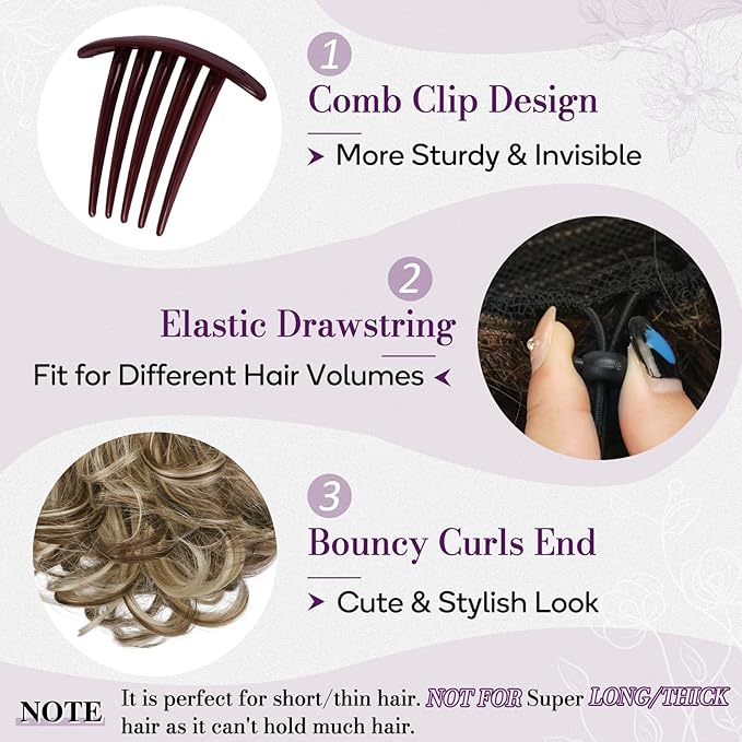 BARSDAR Drawstring Ponytail Extension - 10 Inch Short Wavy Highlight Ponytail Extensions for Women - Synthetic Comb Clip in Ponytail Hairpieces Fake Pony Tails - Medium Brown with Highlights