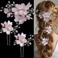 3 PCS Large Flower Bridal Wedding Hair Pins Crystal Pearl Hair Clips Headpiece Bride Hair Accessories Jewelry with Rhinestone, Glitter Emboss Pink Flower