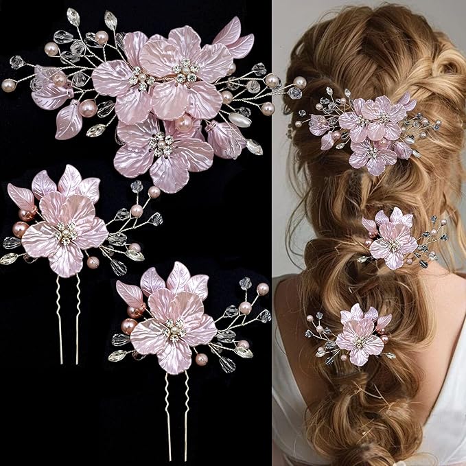 3 PCS Large Flower Bridal Wedding Hair Pins Crystal Pearl Hair Clips Headpiece Bride Hair Accessories Jewelry with Rhinestone, Glitter Emboss Pink Flower