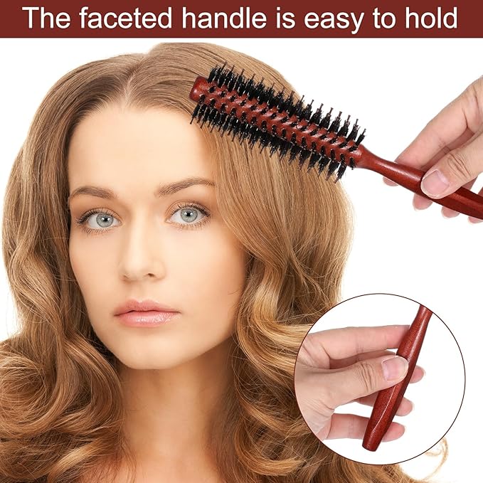 2 Pack Small Round Hair Brush Boar Bristle Roller Hairbrush Wooden Handle Volumizing Hair Brush for Blow Drying Short Thin Fine Hairs Styling Women Curling Bangs Men Beard Travel Household