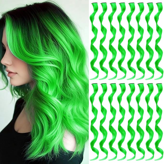 16 Pcs Colored Hair Extensions Curly Wavy Clip in Synthetic Hairpiece Streak,Colorful Hair Christmas New Year Cosplay Party Highlights for Girls Women Kids Gift(Neon Green)