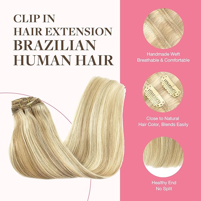 GOO GOO Clip in Hair Extensions Real Human Hair, Remy Human Hair Extensions Clip ins for Women, Natural Human Hair, 22inch 150g 9Pcs, 18A/613A Dark Blonde Highlighted Bleach Blonde