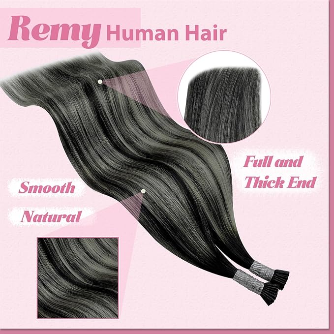 YoungSee Itip Hair Extensions Real Human Hair Ombre 14 Inch I Tip Hair Extensions Balayage Black Itip Human Hair Extension Black Ombre Silver I Tips Extension 50g 80s Itips Extension for Short Hair